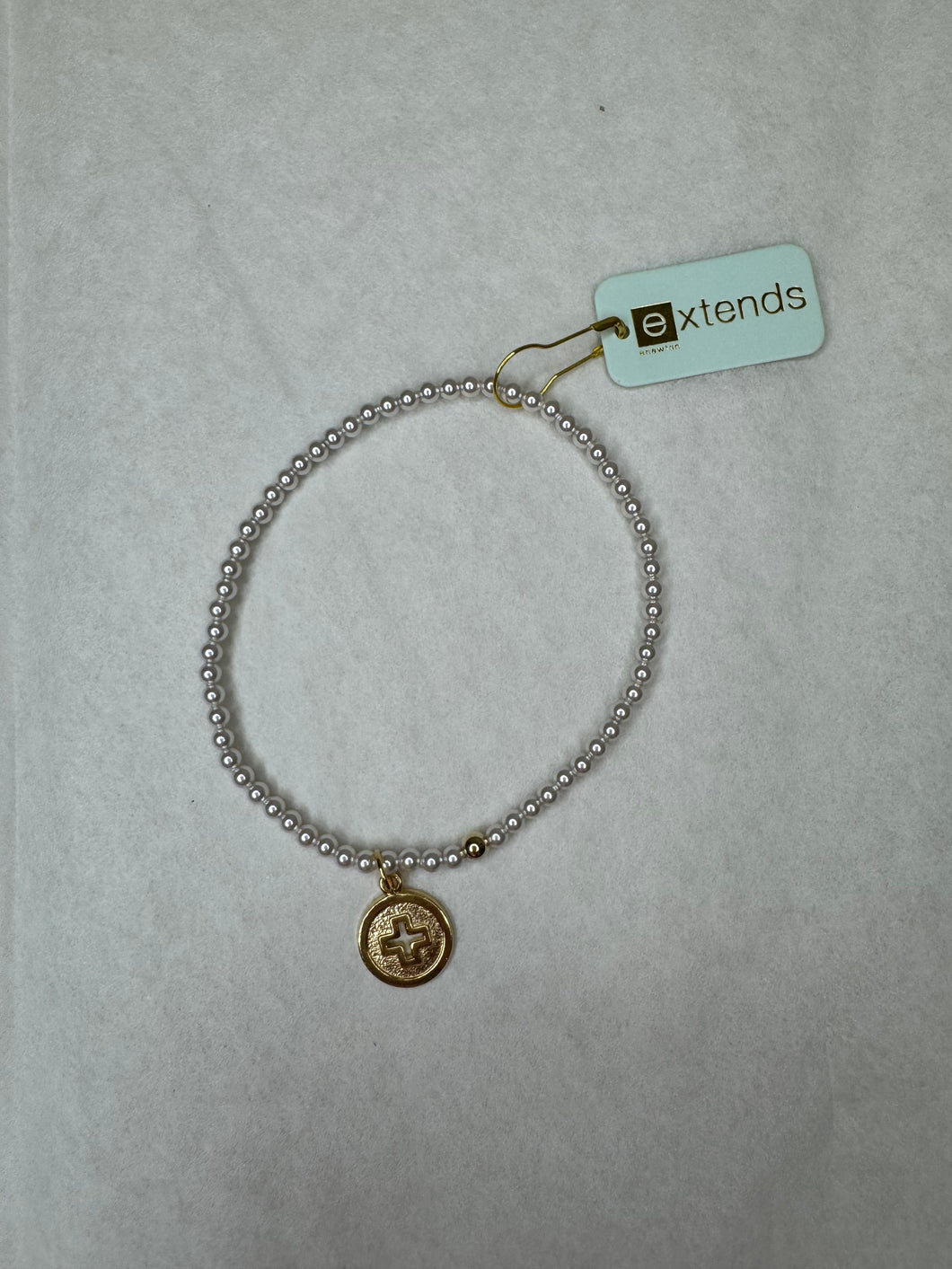 Extends Classic Pearl 3mm Bead Bracelet Signature Cross Gold Disc